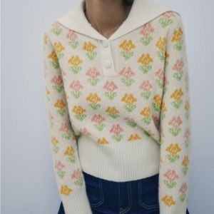 Zara Jacquard Knit Floral Cropped Sweater 🌼